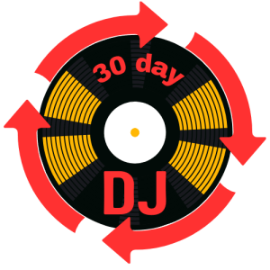 Image of a black and gold vinyl record with red "30 Day DJ" text and red clockwise arrows around the outside of the record